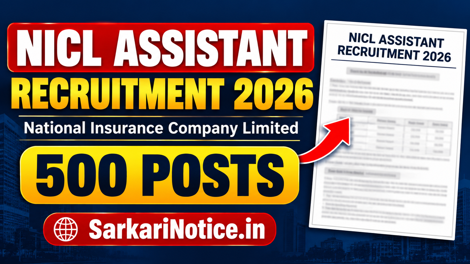 NICL Assistant Recruitment 2026 for 500 posts – SarkariNotice.in