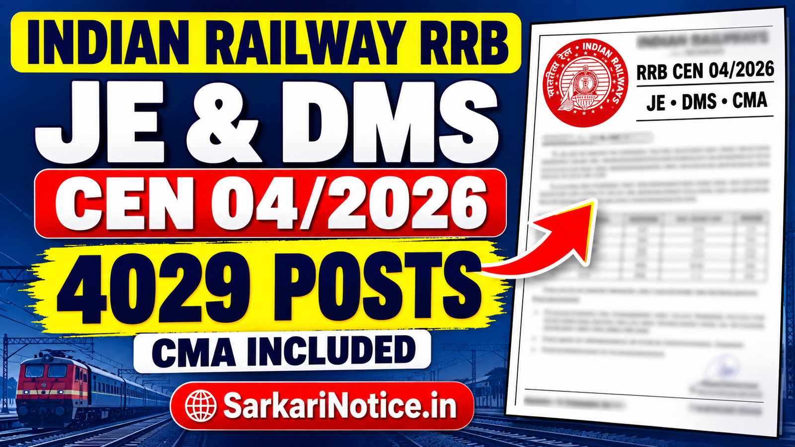 Indian Railway RRB JE DMS CMA CEN 04/2026 4029 posts - SarkariNotice.in