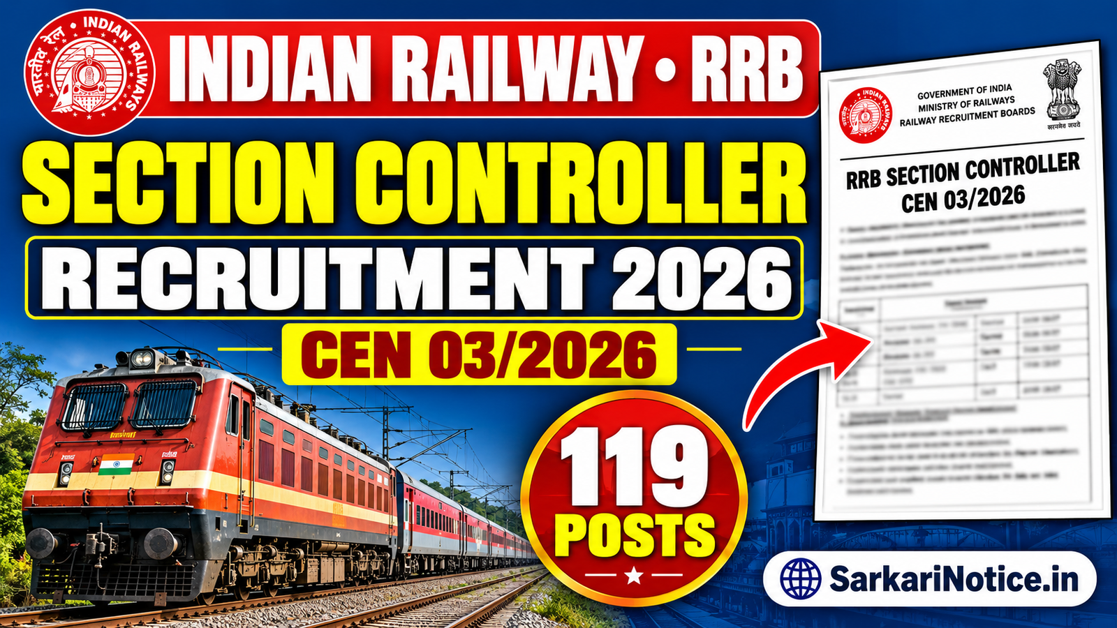 Indian Railway RRB Section Controller Recruitment 2026 CEN 03/2026 for 119 Posts - SarkariNotice.in